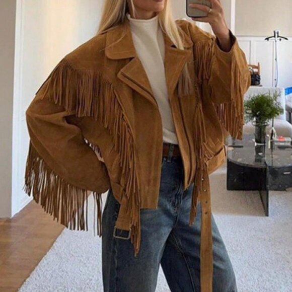 Khaki Casual Women's Lapel Tassel Wide Shoulder Streetwear Jacket - Picture 4 of 10